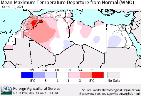 North Africa Mean Maximum Temperature Departure from Normal (WMO) Thematic Map For 10/4/2021 - 10/10/2021