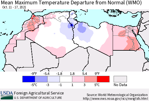 North Africa Mean Maximum Temperature Departure from Normal (WMO) Thematic Map For 10/11/2021 - 10/17/2021