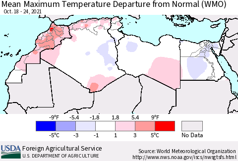 North Africa Mean Maximum Temperature Departure from Normal (WMO) Thematic Map For 10/18/2021 - 10/24/2021