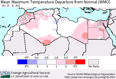 North Africa Mean Maximum Temperature Departure from Normal (WMO) Thematic Map For 10/25/2021 - 10/31/2021