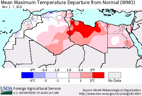 North Africa Mean Maximum Temperature Departure from Normal (WMO) Thematic Map For 11/1/2021 - 11/7/2021