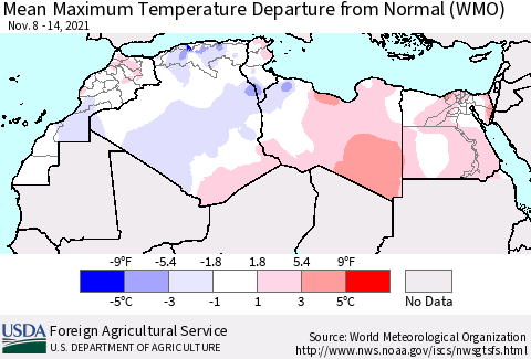 North Africa Mean Maximum Temperature Departure from Normal (WMO) Thematic Map For 11/8/2021 - 11/14/2021