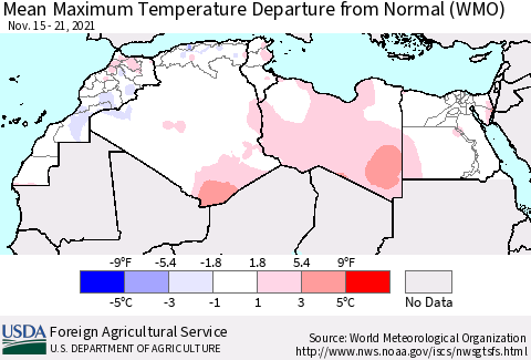 North Africa Mean Maximum Temperature Departure from Normal (WMO) Thematic Map For 11/15/2021 - 11/21/2021