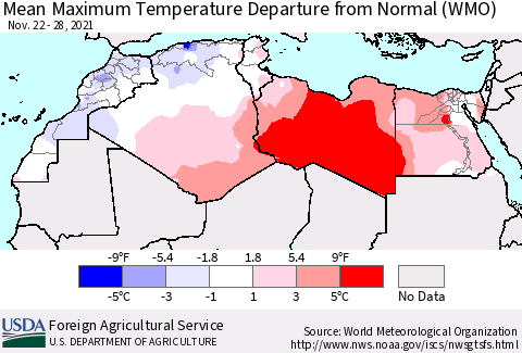 North Africa Mean Maximum Temperature Departure from Normal (WMO) Thematic Map For 11/22/2021 - 11/28/2021