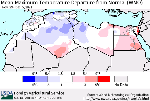 North Africa Mean Maximum Temperature Departure from Normal (WMO) Thematic Map For 11/29/2021 - 12/5/2021