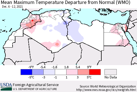 North Africa Mean Maximum Temperature Departure from Normal (WMO) Thematic Map For 12/6/2021 - 12/12/2021