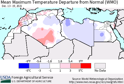 North Africa Mean Maximum Temperature Departure from Normal (WMO) Thematic Map For 12/13/2021 - 12/19/2021