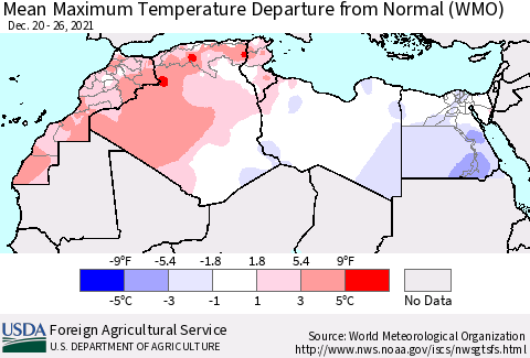 North Africa Mean Maximum Temperature Departure from Normal (WMO) Thematic Map For 12/20/2021 - 12/26/2021