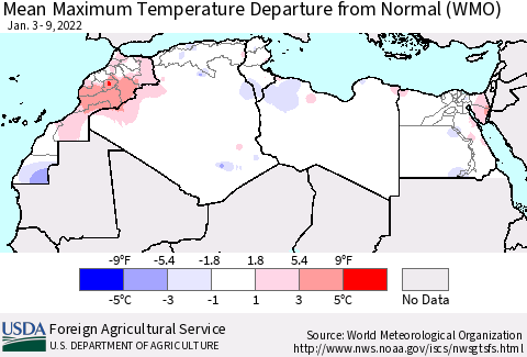 North Africa Mean Maximum Temperature Departure from Normal (WMO) Thematic Map For 1/3/2022 - 1/9/2022