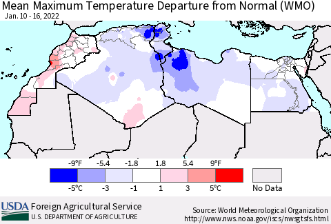 North Africa Mean Maximum Temperature Departure from Normal (WMO) Thematic Map For 1/10/2022 - 1/16/2022