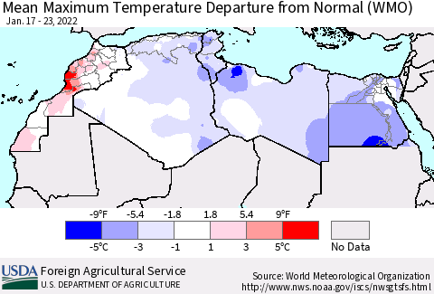 North Africa Mean Maximum Temperature Departure from Normal (WMO) Thematic Map For 1/17/2022 - 1/23/2022