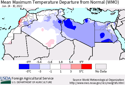 North Africa Mean Maximum Temperature Departure from Normal (WMO) Thematic Map For 1/24/2022 - 1/30/2022