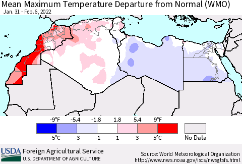 North Africa Mean Maximum Temperature Departure from Normal (WMO) Thematic Map For 1/31/2022 - 2/6/2022