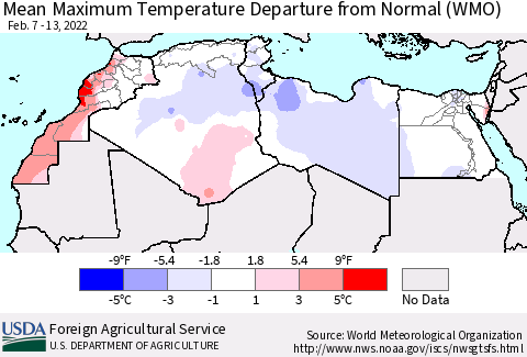 North Africa Mean Maximum Temperature Departure from Normal (WMO) Thematic Map For 2/7/2022 - 2/13/2022