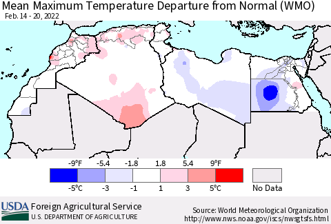 North Africa Mean Maximum Temperature Departure from Normal (WMO) Thematic Map For 2/14/2022 - 2/20/2022