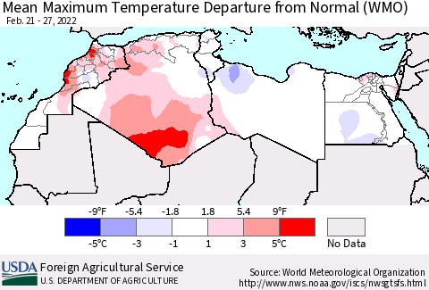 North Africa Mean Maximum Temperature Departure from Normal (WMO) Thematic Map For 2/21/2022 - 2/27/2022