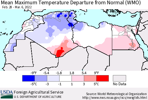 North Africa Mean Maximum Temperature Departure from Normal (WMO) Thematic Map For 2/28/2022 - 3/6/2022