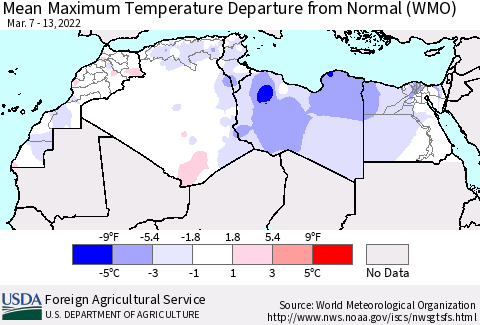 North Africa Mean Maximum Temperature Departure from Normal (WMO) Thematic Map For 3/7/2022 - 3/13/2022