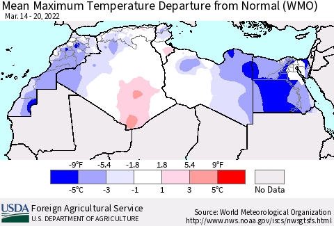 North Africa Mean Maximum Temperature Departure from Normal (WMO) Thematic Map For 3/14/2022 - 3/20/2022