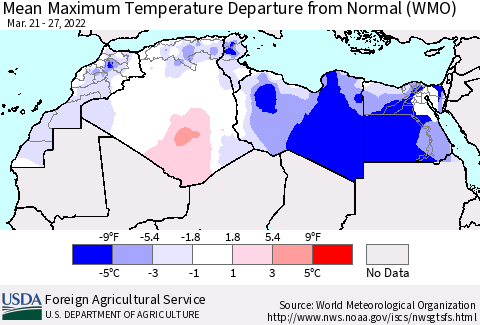 North Africa Mean Maximum Temperature Departure from Normal (WMO) Thematic Map For 3/21/2022 - 3/27/2022