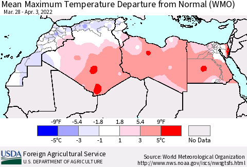 North Africa Mean Maximum Temperature Departure from Normal (WMO) Thematic Map For 3/28/2022 - 4/3/2022