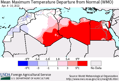 North Africa Mean Maximum Temperature Departure from Normal (WMO) Thematic Map For 4/4/2022 - 4/10/2022