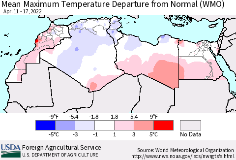 North Africa Mean Maximum Temperature Departure from Normal (WMO) Thematic Map For 4/11/2022 - 4/17/2022
