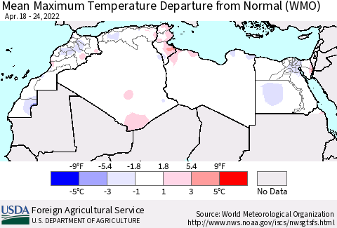 North Africa Mean Maximum Temperature Departure from Normal (WMO) Thematic Map For 4/18/2022 - 4/24/2022
