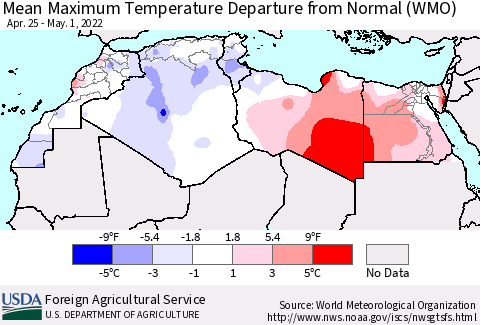 North Africa Mean Maximum Temperature Departure from Normal (WMO) Thematic Map For 4/25/2022 - 5/1/2022