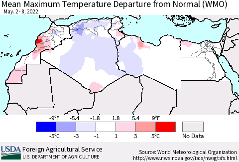North Africa Mean Maximum Temperature Departure from Normal (WMO) Thematic Map For 5/2/2022 - 5/8/2022