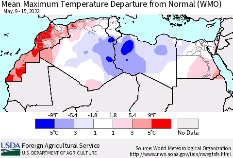 North Africa Mean Maximum Temperature Departure from Normal (WMO) Thematic Map For 5/9/2022 - 5/15/2022