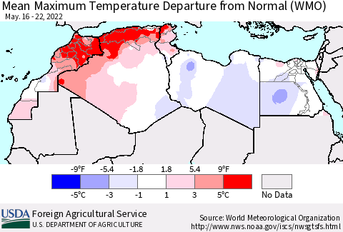 North Africa Mean Maximum Temperature Departure from Normal (WMO) Thematic Map For 5/16/2022 - 5/22/2022