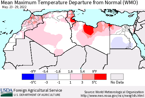 North Africa Mean Maximum Temperature Departure from Normal (WMO) Thematic Map For 5/23/2022 - 5/29/2022