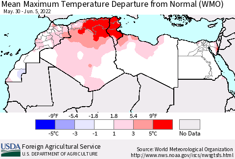 North Africa Mean Maximum Temperature Departure from Normal (WMO) Thematic Map For 5/30/2022 - 6/5/2022