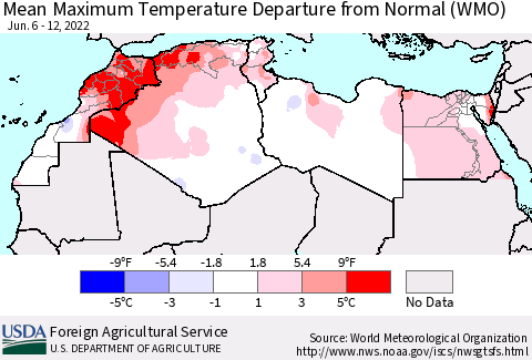 North Africa Mean Maximum Temperature Departure from Normal (WMO) Thematic Map For 6/6/2022 - 6/12/2022