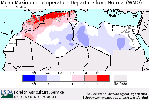 North Africa Mean Maximum Temperature Departure from Normal (WMO) Thematic Map For 6/13/2022 - 6/19/2022