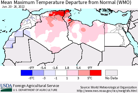 North Africa Mean Maximum Temperature Departure from Normal (WMO) Thematic Map For 6/20/2022 - 6/26/2022