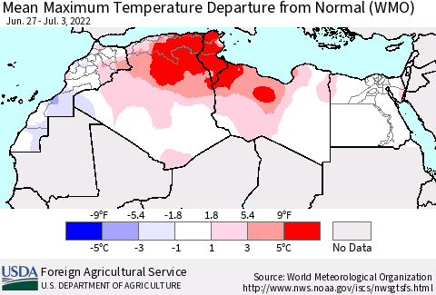 North Africa Mean Maximum Temperature Departure from Normal (WMO) Thematic Map For 6/27/2022 - 7/3/2022