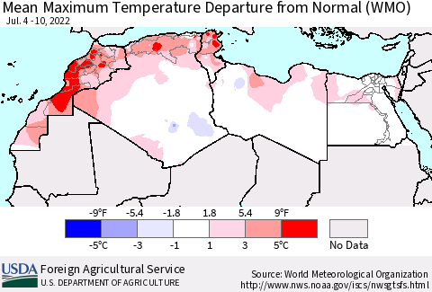 North Africa Mean Maximum Temperature Departure from Normal (WMO) Thematic Map For 7/4/2022 - 7/10/2022