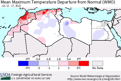 North Africa Mean Maximum Temperature Departure from Normal (WMO) Thematic Map For 7/11/2022 - 7/17/2022