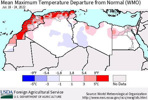 North Africa Mean Maximum Temperature Departure from Normal (WMO) Thematic Map For 7/18/2022 - 7/24/2022