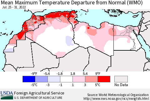 North Africa Mean Maximum Temperature Departure from Normal (WMO) Thematic Map For 7/25/2022 - 7/31/2022