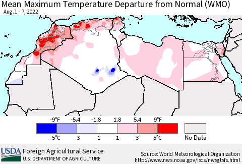 North Africa Mean Maximum Temperature Departure from Normal (WMO) Thematic Map For 8/1/2022 - 8/7/2022