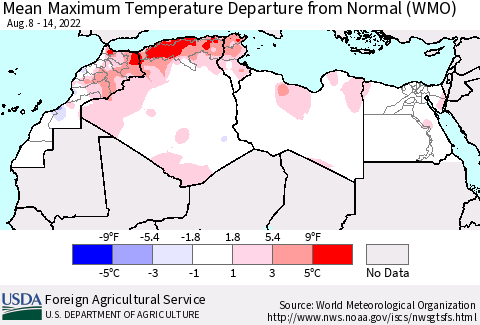 North Africa Mean Maximum Temperature Departure from Normal (WMO) Thematic Map For 8/8/2022 - 8/14/2022