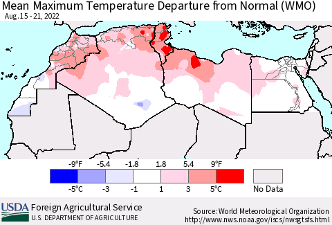 North Africa Mean Maximum Temperature Departure from Normal (WMO) Thematic Map For 8/15/2022 - 8/21/2022