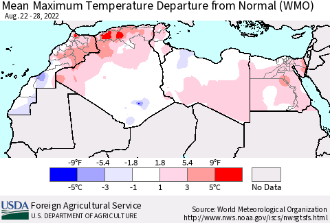 North Africa Mean Maximum Temperature Departure from Normal (WMO) Thematic Map For 8/22/2022 - 8/28/2022