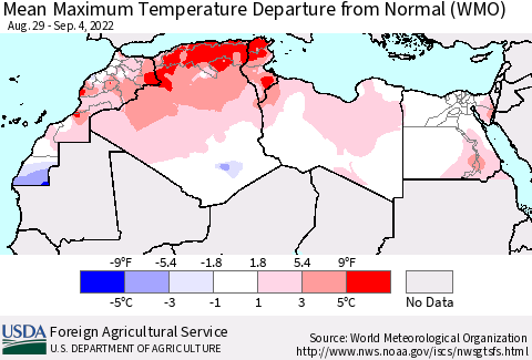North Africa Mean Maximum Temperature Departure from Normal (WMO) Thematic Map For 8/29/2022 - 9/4/2022