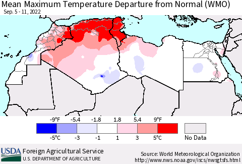 North Africa Mean Maximum Temperature Departure from Normal (WMO) Thematic Map For 9/5/2022 - 9/11/2022
