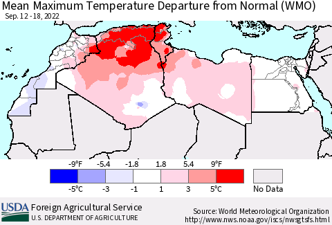 North Africa Mean Maximum Temperature Departure from Normal (WMO) Thematic Map For 9/12/2022 - 9/18/2022