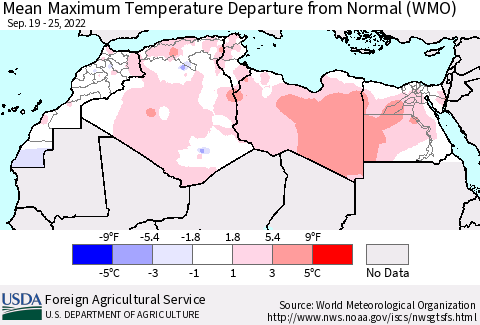 North Africa Mean Maximum Temperature Departure from Normal (WMO) Thematic Map For 9/19/2022 - 9/25/2022